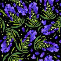 vecteur sans couture floral modèle avec bleu aconit et vert feuilles sur noir Contexte.