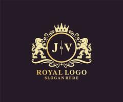 modèle de logo initial jv lettre lion royal luxe en art vectoriel pour restaurant, royauté, boutique, café, hôtel, héraldique, bijoux, mode et autres illustrations vectorielles.