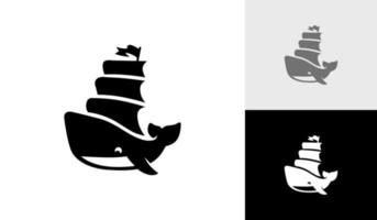 baleine logo conception avec navire voiles vecteur