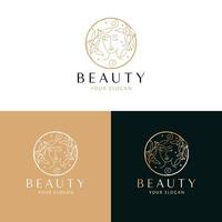 beauté et produits de beauté logo conception. abstrait femme portrait, feuilles et scintille vecteur logotype. féminin floral logo modèle.