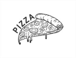 main tiré esquisser style Pizza tranche. pepperoni Pizza avec salami, tomate, champignon tranches, basilic feuille et fondu fromage. meilleur pour pizzeria paquet et menu conceptions. vecteur illustration.