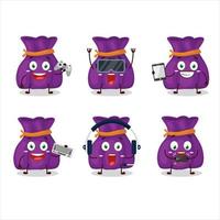 violet bonbons sac dessin animé personnage sont en jouant Jeux avec divers mignonne émoticônes vecteur