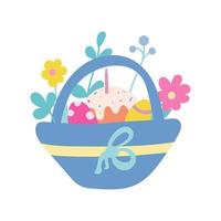 oeufs de Pâques et gâteau dans un panier bleu avec des fleurs, des plantes et un arc sur un fond blanc. illustration vectorielle dans un style plat. carte de voeux vecteur