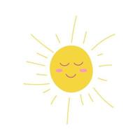 soleil jaune avec les yeux fermés et un sourire sur fond blanc. illustration de plat vectorielle en style cartoon vecteur