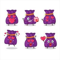 violet bonbons sac dessin animé personnage avec l'amour mignonne émoticône vecteur
