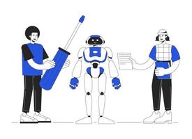 bâtiment humanoïde robot duo Couleur ligne concept vecteur place illustration. modifiable 2d plat bichromie dessin animé personnages sur blanc pour la toile conception. la robotique ingénieurs Créatif idée pour site Internet, social médias