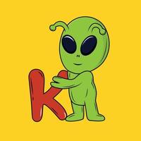 mignonne extraterrestre avec k lettre dessin animé autocollant vecteur illustration