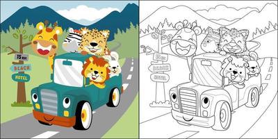 vecteur dessin animé de content animaux sur un camion avec scénique arrière-plan, coloration livre ou page