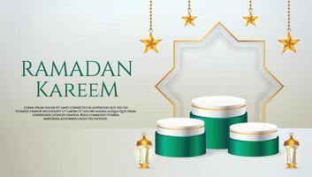 Affichage du produit 3D sur le thème du podium vert et blanc islamique avec lanterne et étoile pour le ramadan vecteur