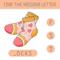 trouver le disparu lettre est un éducatif Jeu pour des gamins avec chaussettes. mignonne dessin animé chaussettes. pratiquant Anglais alphabet. vecteur illustration.