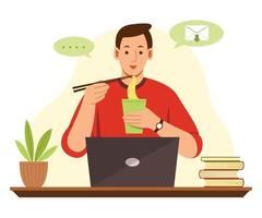 pigiste travaille en ligne à domicile avec un ordinateur portable et mange des nouilles. vecteur