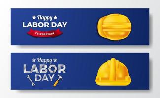joyeuse fête du Travail. journée internationale des travailleurs. ingénieur employé avec casque jaune de sécurité 3d avec fond bleu. modèle de flyer de bannière vecteur