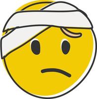 emoji avec bandage. Jaune visage avec une moitié froncer les sourcils et blanc bandage enveloppé autour ses diriger. main dessiné, plat style émoticône. vecteur