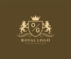 initiale og lettre Lion Royal luxe héraldique, crête logo modèle dans vecteur art pour restaurant, royalties, boutique, café, hôtel, héraldique, bijoux, mode et autre vecteur illustration.