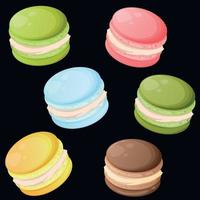 ensemble de mignonne dessin animé macaron avec différent les saveurs sur une noir Contexte. chocolat, agrumes, myrtille, pistache, Pomme macaron. illustration pour confiseur ou Pâtisserie magasin vecteur