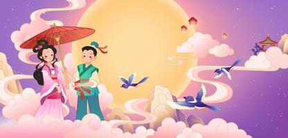 qixi Festival bannière. illustration de vacher en portant un parapluie pour tisserand fille dans de face de le plein lune vecteur