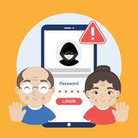 Sénior avertissement téléphone de piraté s'identifier et mot de passe. cyber crime. illustration vecteur