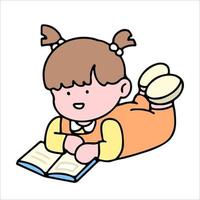 une mignonne fille personnage, en train de lire une livre, en train d'étudier et Faire devoirs, isolé sur une arrière-plan, pour une retour à l'école concept. vecteur