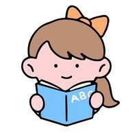 une mignonne fille personnage, en train de lire une livre, en train d'étudier et Faire devoirs, isolé sur une arrière-plan, pour une retour à l'école concept. vecteur