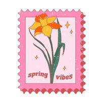 magnifique rétro dessiné à la main Publier timbre avec jonquilles. printemps ambiance salutation carte. vecteur