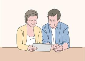 un couple plus âgé regarde une tablette ensemble. illustrations de conception de vecteur de style dessiné à la main.