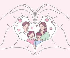 mains en forme de coeur, avec une famille heureuse