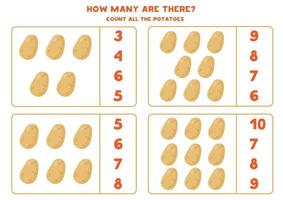 jeu de comptage avec pommes de terre de dessin animé. feuille de calcul mathématique. vecteur