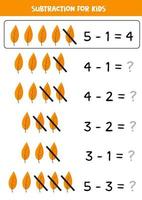 soustraction avec de jolies feuilles d'automne. jeu de mathématiques pour les enfants. vecteur