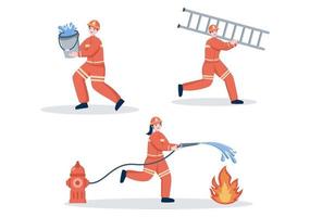 pompiers avec des camions d'incendie, aidant les personnes et les animaux, utilisant du matériel de sauvetage dans diverses situations. illustration vectorielle