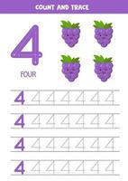 feuille de calcul pour apprendre les nombres avec des raisins mignons. numéro quatre. vecteur