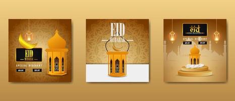 eid gros vente bannière d'or lanternes pendre 3d podium vente affiche avec blanc floral conception Contexte vecteur