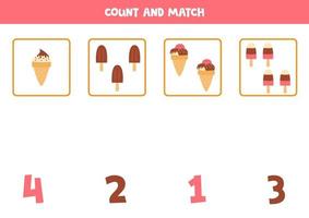 jeu de comptage pour les enfants. glaces de dessin animé mignon. faire correspondre des objets et des nombres. vecteur