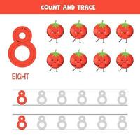 feuille de calcul des nombres de traçage. numéro huit avec de jolies tomates rouges kawaii. vecteur