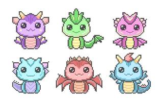 mignonne pixel dragons ensemble. kawaii coloré marrant dinosaures avec fantaisie 8 bits graphique et fabuleux cornes avec ailes. légendaire souriant peu vecteur monstres