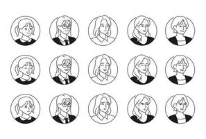 icônes de visage féminin avec diverses expressions et styles. illustrations de conception de vecteur de style dessiné à la main.