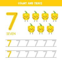 feuille de calcul des nombres de traçage. numéro sept avec de jolis poivrons jaunes kawaii. vecteur