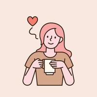 une jolie femme boit du café avec une tasse à la main. illustration vectorielle minimale de style design plat. vecteur