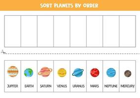 trier les planètes du système solaire par ordre. feuille de calcul de l'espace pour les enfants. vecteur