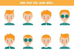 trouver deux garçons identiques. feuille de travail éducative pour les enfants. vecteur