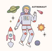 Jeu de caractères et d'icônes de l'astronaute. illustration vectorielle minimale de style design plat. vecteur
