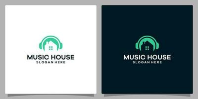 logo conception modèle musique. logo casque de musique avec maison bâtiment. prime vecteur