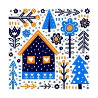 griffonnage scandinave affiche avec maison et forêt éléments. vecteur