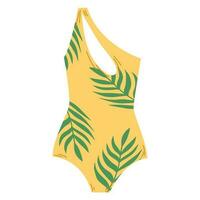 femelle un pièce maillot de bain. élégant Jaune maillots de bain avec vert branche palmier. nager vêtements avec encolure et sur un épaule. plat main tiré coloré vecteur illustration isolé sur blanc Contexte.