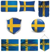 ensemble du drapeau national de la Suède dans différents modèles sur fond blanc. illustration vectorielle réaliste. vecteur