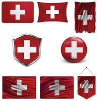 ensemble du drapeau national de la Suisse dans différents modèles sur fond blanc. illustration vectorielle réaliste. vecteur