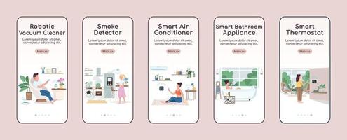Appareils IoT intégrant un modèle de vecteur plat d'écran d'application mobile. les appareils ménagers intelligents contrôlent les étapes du site Web avec des personnages. ux, ui, interface de dessin animé de smartphone gui, ensemble d'impressions de cas