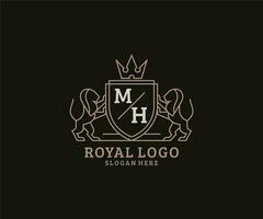 modèle de logo de luxe royal lion lettre initiale mh en art vectoriel pour restaurant, royauté, boutique, café, hôtel, héraldique, bijoux, mode et autres illustrations vectorielles.