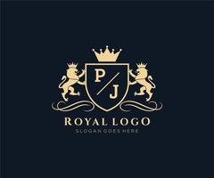 initiale p j lettre Lion Royal luxe héraldique, crête logo modèle dans vecteur art pour restaurant, royalties, boutique, café, hôtel, héraldique, bijoux, mode et autre vecteur illustration.