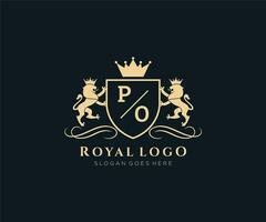 initiale po lettre Lion Royal luxe héraldique, crête logo modèle dans vecteur art pour restaurant, royalties, boutique, café, hôtel, héraldique, bijoux, mode et autre vecteur illustration.