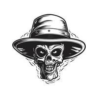 extraterrestre tête dans seau chapeau, ancien logo concept noir et blanc couleur, main tiré illustration vecteur